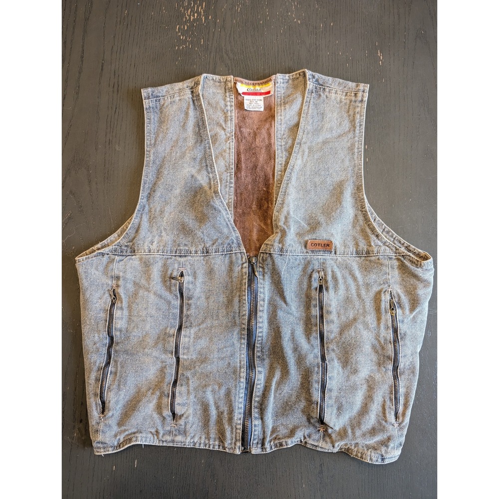 Vintage Cotler Mens Denim Utility Vest Blue Zip Up Multi Pocket Size M